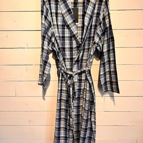 Nordstrom Print Shawl Collar Cotton Poplin Robe- Blue Plaid - Picture 4 of 6